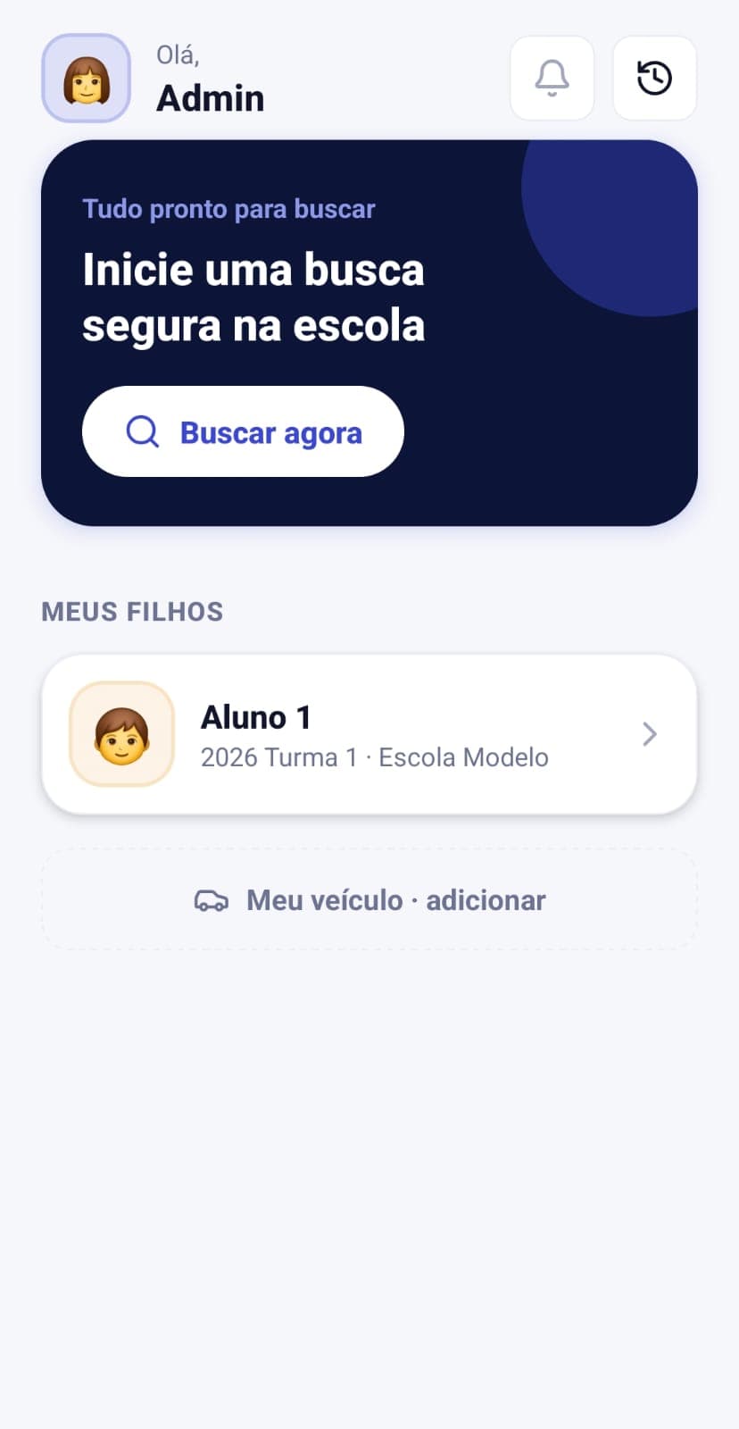 Tela inicial real do aplicativo Rakhi para responsáveis, com a ação Buscar agora e a lista de alunos